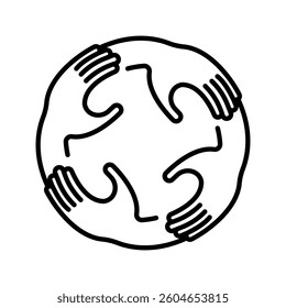 Four united hands in circle shape. Teamwork outline icon. Togetherness and cooperation concept. Vector illustration