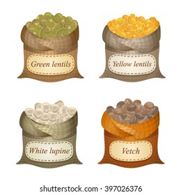 Four untied sacks with beans, lentils and labels on them 
