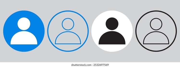 Four User Profile Icons in Circular Design.Featuring Variations in Blue and Black Color Schemes with Solid and Outline Styles, Presented on a Gray Background.vector illustration.