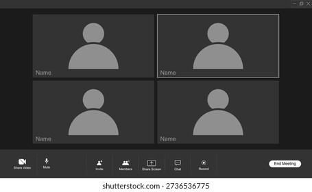 Four users video conference interface. online videocall interface. vector video conference calls window. application for social communication, mobile, computer, laptop screen