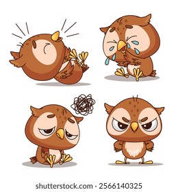 Four utterly adorable cartoon owls each displaying a unique set of emotions and diverse expressions of feelings