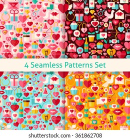 Four Valentine Day Seamless Patterns Set. Wedding Flat Design Vector Illustration. Background. Set of Love Holiday Items.