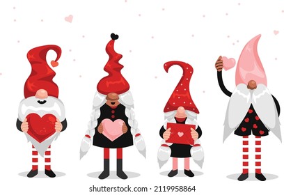 Four Valentine Gnome Standing In Different Positions Holding Hearts And Love Letters With Some Little Hearts In The Background