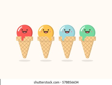 Four variant of cute smiling ice cream isolated in white background