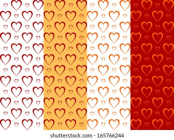 Four variants of a background with hearts. A heart on a white, yellow and red backgrounds.