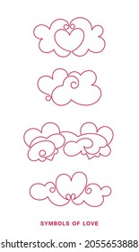 Four variants of the heart in the clouds. Line art labels and stamps. Symbols of love. Simple and minimalistic vector graphics