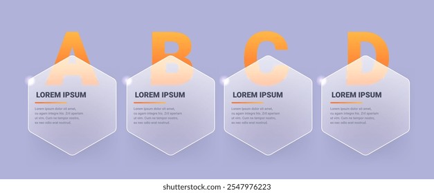 Quatro variantes hexágono Morfismo de vidro modelo infográfico de negócios. Ilustração de maquete de vetor