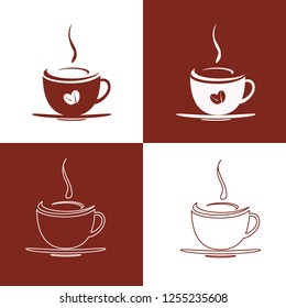 Four variants of the logo image of a cup of hot coffee.