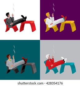 Four Variants of the Man Sitting on the Chair with His Feet on the Table and Smoking the Cigarette - Flat Design Comics Style