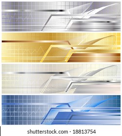 four variants metallic  banner from gold, silvers, dark blue steel with a bar, lines and abstract elements