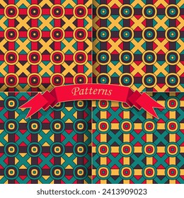 Four variants of the pattern with an original multi-colored composition. The palette includes yellow, red and green. Vector set