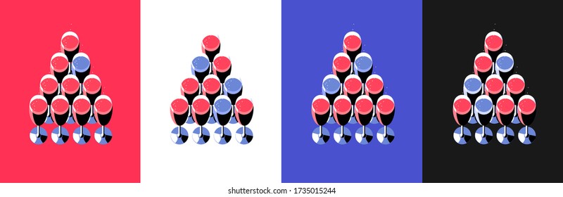 Four variants of poster or greeting card. Champagne glasses arranged in the shape of a triangle or Christmas tree. Set of items, isolated, red, white, blue and black backgrounds. Vector illustration