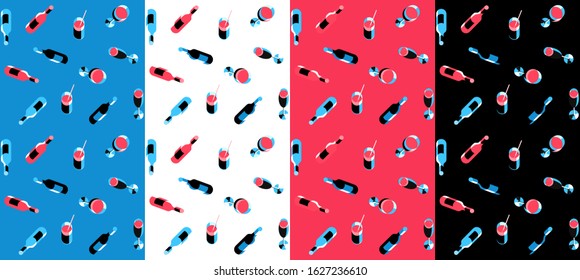 Four variants of seamless patterns with bottles and glasses for your wallpaper, fabric, wrapping paper, packaging. Vector illustration