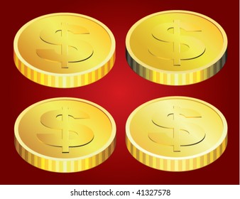 four variants of vector golden coins on red background