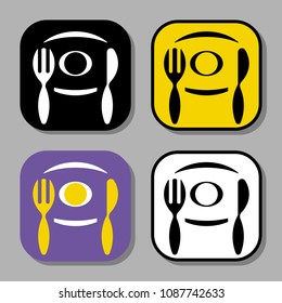 Four variants of a vector illustration of a logo for a restaurant,café & so on depicting a place mat,a knife,a fork,a plate & food,two of which are black & white,two others with using one & two colors