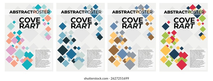 Four variations of an abstract poster design featuring colorful squares and dynamic composition for cover art