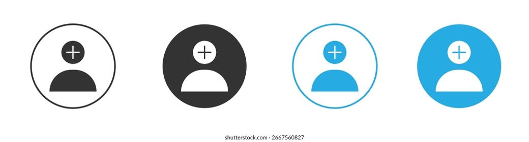 Cuatro variaciones de un icono de usuario add en negro, gris y azul. Aislado en blanco.