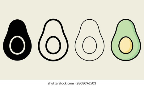 Four variations of avocado half showing solid glyph, bold outline, thin line, and flat green color styles