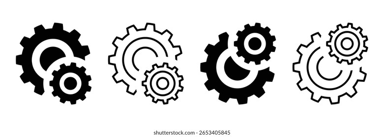 Four Variations of Black and Outline Cogwheel and Settings Icons: Simple, Bold, and Modern Graphic Design Elements for Business, Technology, and Engineering Concepts Illustrating Vector graphic