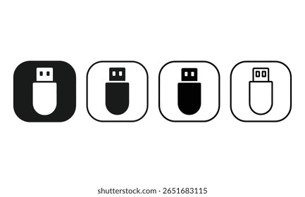 Quatre variantes d'une icône de clé USB noire sont affichées, chacune étant placée dans un carré aux bords arrondis et sur fond transparent.