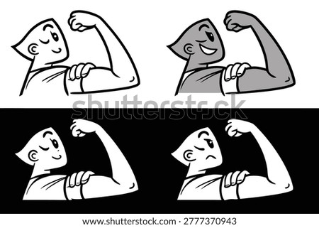 Four variations of a cartoon character flexing arm muscles, showing strength and determination