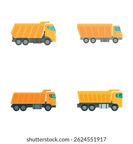 Four variations of a cartoon dump truck in profile view, perfect for construction themes