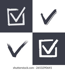 Four variations of a check mark and a square, with a brush texture effect and alternating dark and light backgrounds.