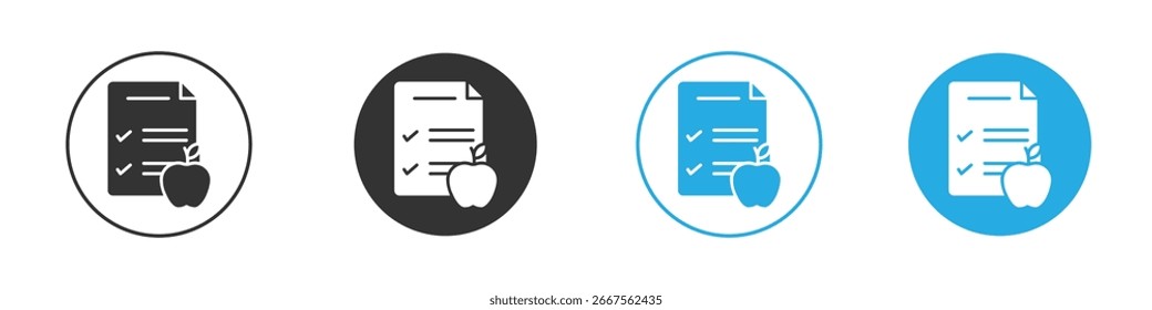 Four variations of a checklist icon with an apple, in different colors, isolated on white.
