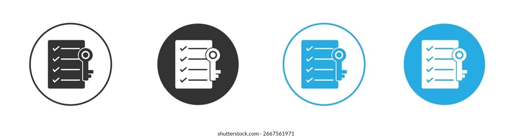 Four variations of a checklist icon with a key, in black, white, and blue circles, isolated on white.