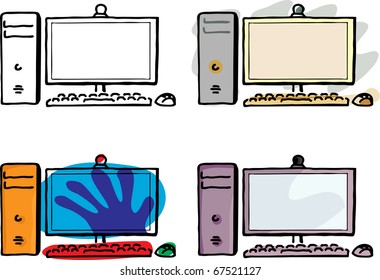 Four variations of a desktop computer with wireless keyboard and mouse.