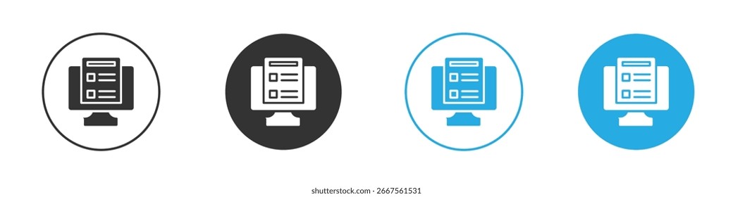 Four variations of a document icon displayed on a computer screen, isolated on white. Black, gray, and blue versions included.