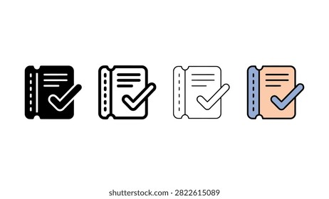 Four variations of a document icon featuring a checkmark symbol in solid outline thinline and flat color design styles