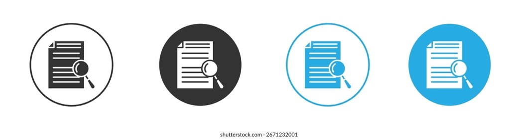 Four variations of a document search icon, each in a different colored circle. Black, gray, white, and blue versions.