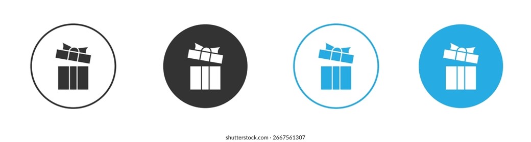 Four variations of a gift box icon in different colors, each within a circular frame, isolated on white.