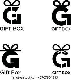 Vier Variationen eines Geschenkbox-Logos mit dem Buchstaben g und einer Schleife