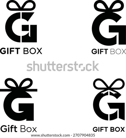 Four variations of a gift box logo with the letter g and a bow