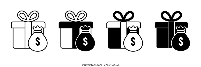 Four variations of a gift box paired with a money bag showing a dollar sign, displayed in different fill styles from outline to solid black.