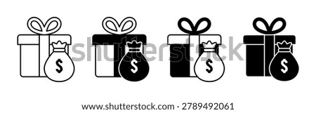 Four variations of a gift box paired with a money bag showing a dollar sign, displayed in different fill styles from outline to solid black.