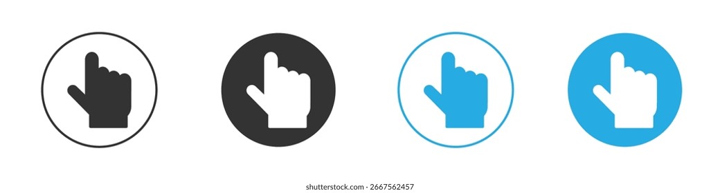 Four variations of a hand cursor icon, each in a different color scheme, isolated on a white background.