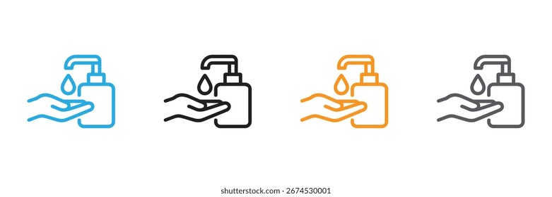 Vier Variationen von Handdesinfektionsspender-Symbolen Vier Linien Kunst-Symbole, die Handdesinfektionsspender darstellen, die Flüssigkeit auf eine becherte Hand spenden.