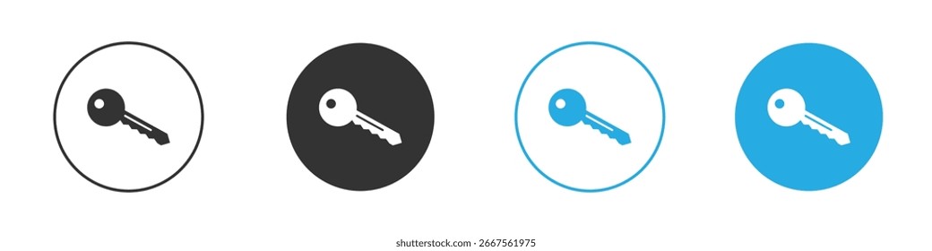Cuatro variaciones de un icono clave en un círculo; negro, blanco, gris y azul. Diseño sencillo y limpio.