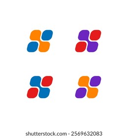 Four variations of a logo design, each consisting of four rounded, petal-like shapes arranged in a square, with different color combinations