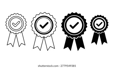 Four variations of medal and ribbon badges signifying verified quality