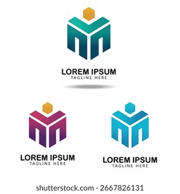 Cuatro variaciones de un logotipo moderno y abstracto con una 'M' estilizada o forma de corona con un efecto de degradado, presentado en diferentes fondos de colores.