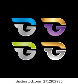 Cuatro variaciones de un logotipo moderno, elegante y metálico con una letra G estilizada con un elemento en forma de ala en azul, púrpura, verde y dorado sobre un fondo negro.