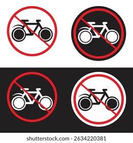 Four variations of a "no bicycles" sign. The signs are red circles with a red diagonal line through a bicycle icon.