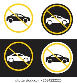 Four variations of a "no cars" sign. The signs are in black, white, and yellow with a car silhouette.