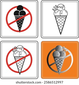 Four variations of a no ice cream sign, combining prohibition symbols and ice cream cone illustrations, presented in black, white, red, and orange.