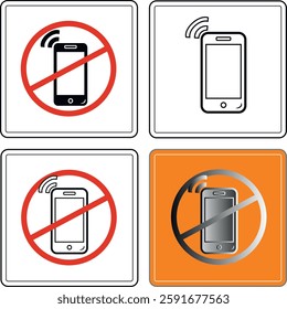 Four variations of no mobile phone sign with ringing smartphone inside red forbidden circle, isolated on white and orange background.