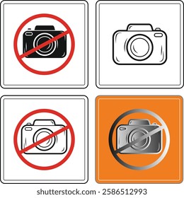 Four variations of a no photography sign, featuring a crossed-out camera icon, communicating restrictions on picture taking.